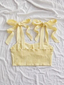 SHEIN VCAY 梭织纯色短款修身女式吊带背心 春季女士街头时尚休闲度假夏季度假上衣 - 黃色 - 查看 2