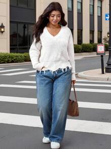 Calvaya Maglione oversize a maniche lunghe da donna casual lento a collo a V con orlo frangato, adatto come indumento esterno e per le vacanze, autunno/inverno - Bianco - Visualizzare 7