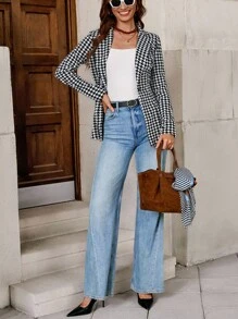 SHEIN Clasi Women's Houndstooth Check Waist Slimming Blazer Jacket