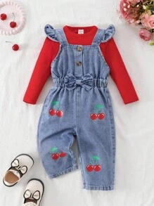 SHEIN 2 件套女婴秋冬长袖上衣和裤子套装，樱桃印花，前开扣，腰部褶皱设计 - 彩色 - 查看 1