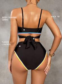 Shapewave 2pcs/Set Women's Neon Black, Pink, Blue, Purple Shark Tooth Print Push-Up Tummy Control Swimwear Bikini, Casual For Spring, Summer, Beach, Party - Multicolor - View 2
