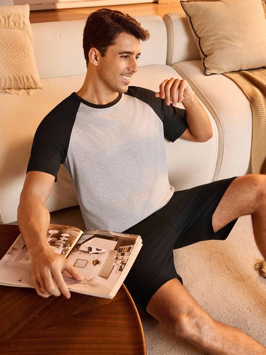 Manfinity Underwear&Sleepwear Basics 男士夏季拼色插肩短袖上衣和短裤睡衣套装 - 黑色 - 查看 1