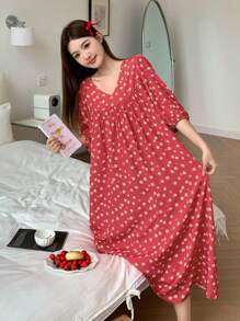 DAZY 女士舒适宽松碎花睡裙，休闲家居服睡衣，宽松睡袍，秋冬款 - 紅色 - 查看 6