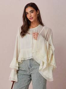 2026 Blusa de manga acampanada de unicolor elegante para la oficina y el ir y venir para mujeres - Albaricoque - Ver 3