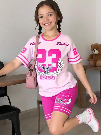 SHEIN Sparklyn 2pc Girls Tweens Bird Print Color Block Round Neck Loose Tee Shirt And Knit Skinny Shorts Sporty Set, Summer Street Stylish Outfit