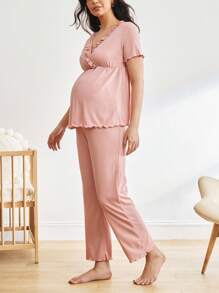 Moonlight&Mama Set de pijama de maternidad de unicolor con cuello en V, volantes y mangas cortas, y pantalón largo - Rosa - Ver 3