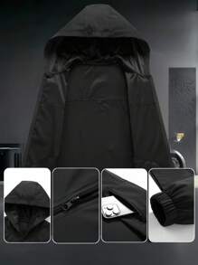 Manfinity Homme 男士长袖休闲多功能黑色拉链连帽夹克，战术户外防风外套，秋季款 - 黑色 - 查看 3