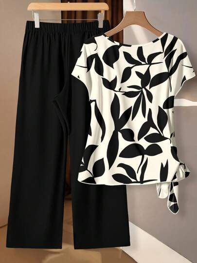 SHEIN Clasi Conjunto de 2 piezas casual, vintage y elegante para ir al trabajo, versátil y cálido con estampado floral bohemio en caqui y negro, adecuado para otoño/invierno. Incluye blusa de manga corta holgada con cuello redondo y lazo, y pantalones rectos y relajados.