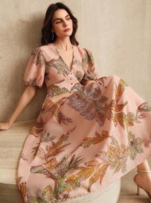 Anewsta Vintage Vacation Style V-Neck Puff Sleeve Fitted Vacation Dress For Ladies - Multicolor - View 1