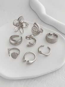 ROMWE Goth 8pcs Fashion Ocean-Inspired Metal Ring Set, Glossy Starfish Shell Flower Geometric Rings, Gift For Women/Daughter/Wife - Silver - View 3