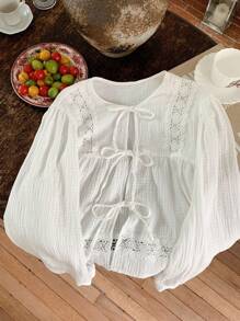 Comfortcana Camicetta oversize casual da donna a maniche lunghe, di colore tinta unita semplice con fiocco - Bianco - Visualizzare 4