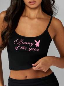 Missguided x Playboy Top corto tipo crop con estampado gráfico de conejo del año, parte superior de tirantes finos para festival de verano, camiseta sin mangas, camisola para usar en casa y salir de fiesta