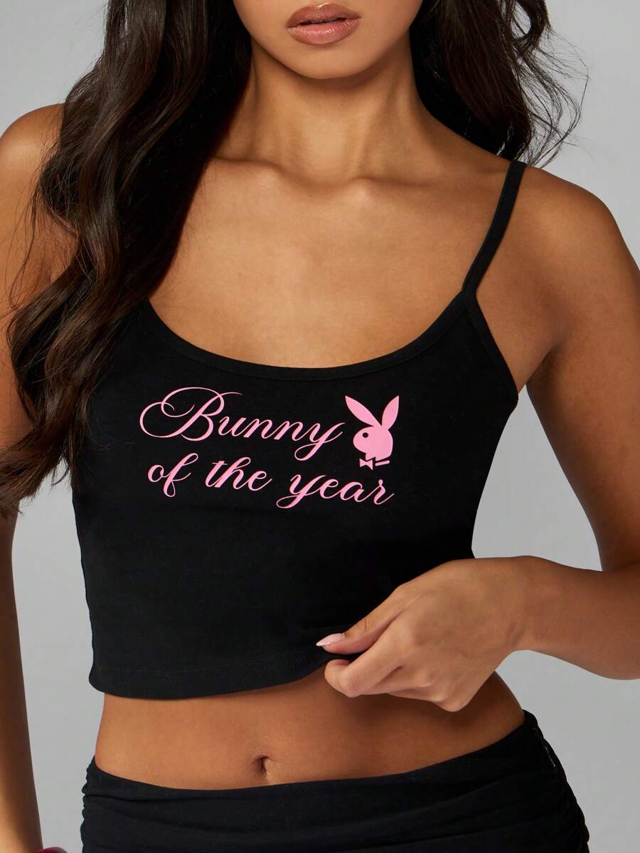 Missguided x Playboy Top corto tipo crop con estampado gráfico de conejo del año, parte superior de tirantes finos para festival de verano, camiseta sin mangas, camisola para usar en casa y salir de fiesta