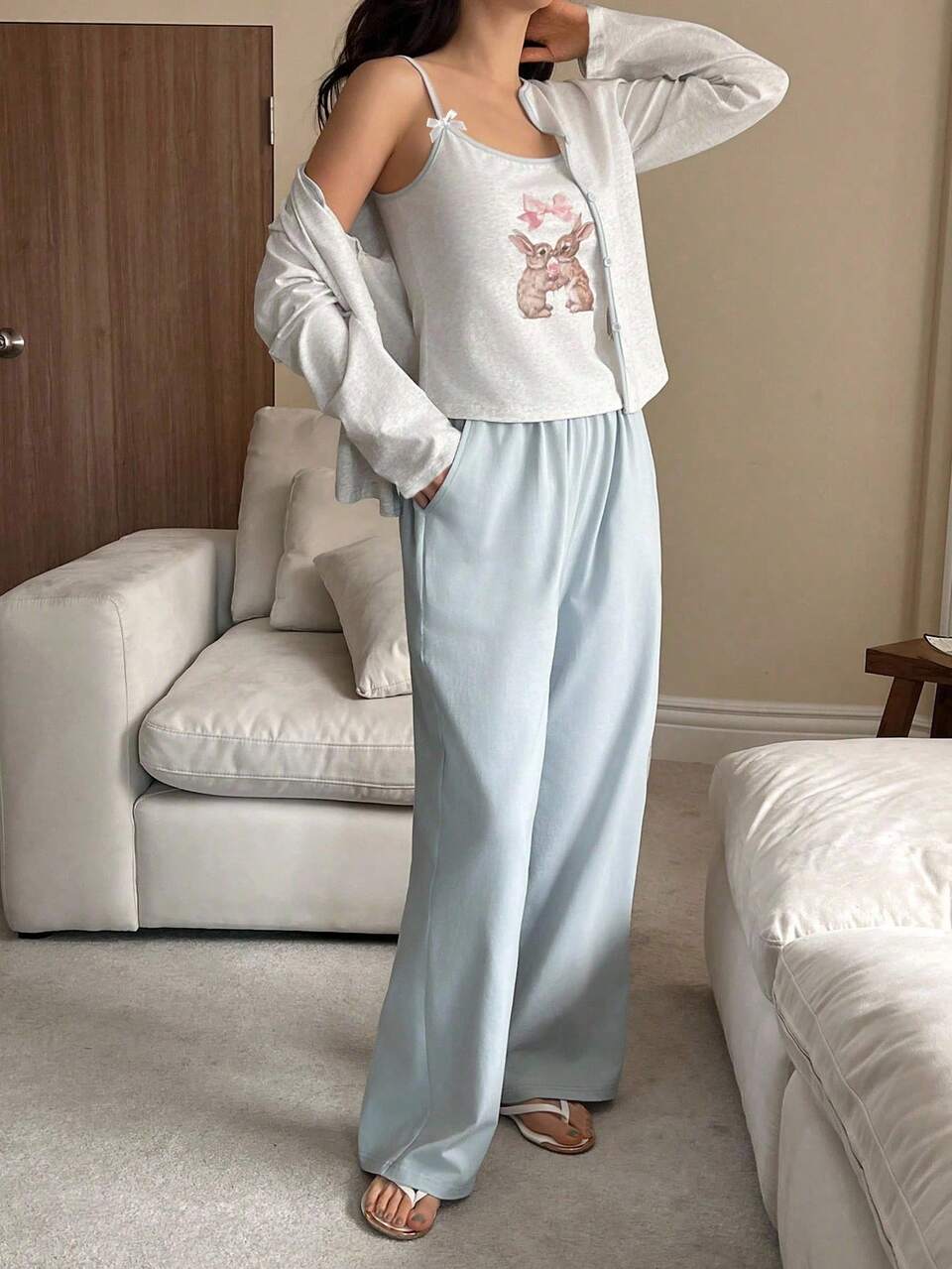 3pcs Women Contrast Color Cute Rabbit Print Camisole Top & Robe & Solid Color Pants Sleepwear Pajama Set, Fall Winter Clothes