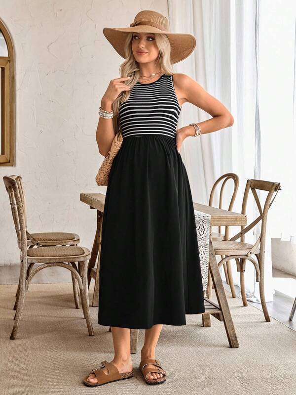 SHEIN Pregnant Women's Summer Casual Knit Patchwork Stripe Sleeveless Dress