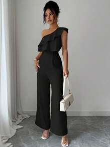 Elenzga Women's Spring/Summer Vacation Style Office Commute Beach Party Asymmetrical Neck Layered Flounce Waist Jumpsuit, Loose Straight-Leg - Black - View 8