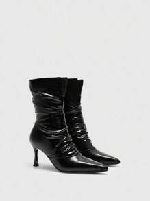 CUCCOO BIZCHIC Women's Pointed Toe Stiletto Heel Black Fashion Slip-On With Side Zipper PU Leather Daily Commute Versatile Pleated Mid-Calf Boots For Christmas - Black - View 7