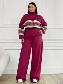 EURMUSE Women's Geometric Pattern High Neck Sweater 2pcs/Set - Hot Pink - View 5