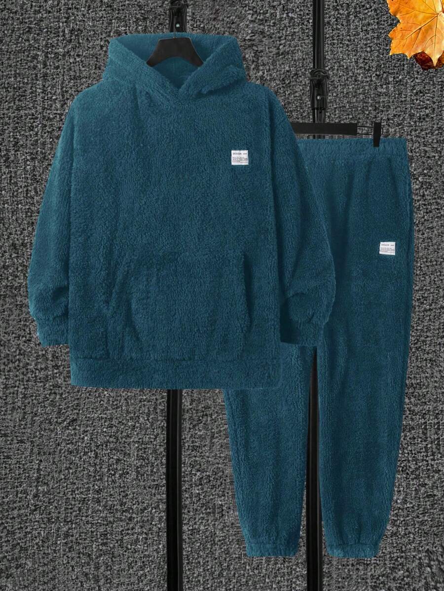 RueChic Men's Simple Solid Color Hoodie And Sweatpants Two-piece Set - Dusty Blue - View 1