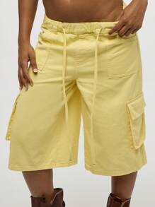 SUMWON WOMEN Quần jeans ống rộng cạp cao dáng rộng, phong cách đường phố, quần dài Bermuda, quần dài đi biển, nhiều túi, thích hợp cho lễ hội trượt ván mùa hè - Màu vàng - Xem 1