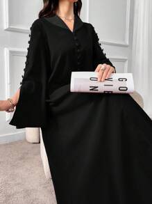 Al Najma 女士优雅纯色阿拉伯风格连衣裙 - 黑色 - 查看 6