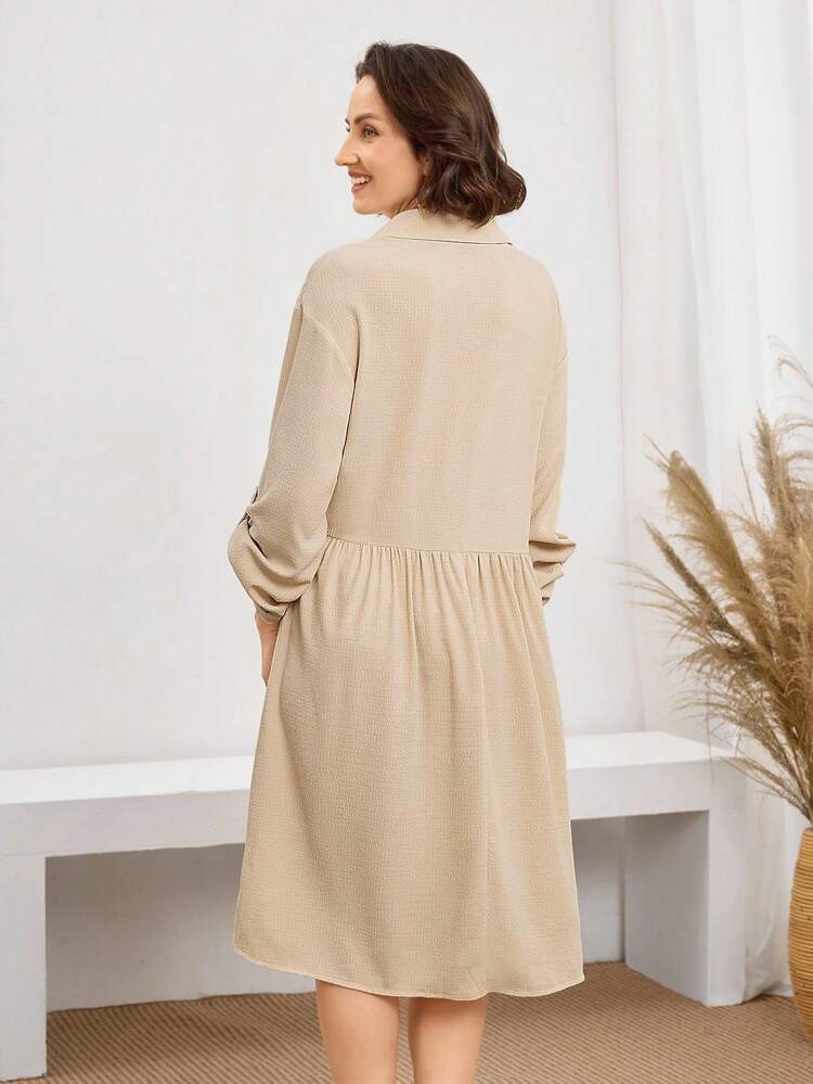 Casual & Elegant Midi Dress For Women, Suitable For Daily Wear,Fall Women Clothes,Vintage Clothes Women,Old Money Style Women,Teacher Outfits For Women,Airport Outfit Women Women Button Down Dress Collared Dress Long Sleeve Dress Beige Dress Women,Country Outfits Women,Modest Dresses For Women