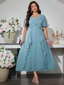 Modelyn 大码女式优雅雪纺荷叶边中长连衣裙 - 淺藍色 - 查看 3