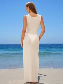 Swim Vcay Women Sleeveless Vacation Dress,Maxi Length Gathered Waist Beach Cover Up