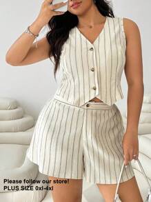 SHEIN EZwear Plus Size Striped Sleeveless Vest & Shorts 2 Pieces Set In Fall/Winter - Multicolor - View 1