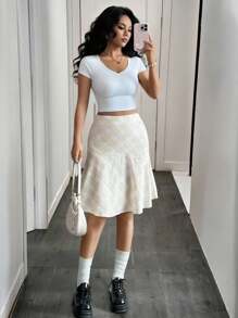 Rafferiza Elegant Asymmetric Plaid Pattern A-Line Midi Skirt, Suitable For Commuting Back To School - Yellow - View 1