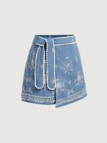 SHEIN MOD 女式不对称下摆抽绳腰部刺绣短裙，夏季/夏季，图案短裤，西部女装，波西米亚风，早午餐，茶会，短裙 - 彩色 - 查看 5