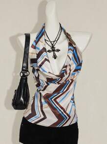 SHEIN ICON 女式条纹露肩低背腰带装饰短款上衣露背背心，休闲度假装 - 彩色 - 查看 2