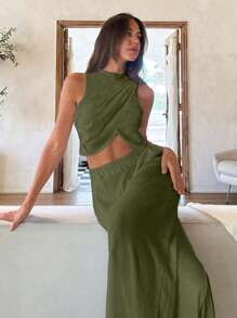 SHEIN Tall Chic Simplicity: Round Neck Draped Crop Top And Matching Bottoms Set - Army Green - View 1