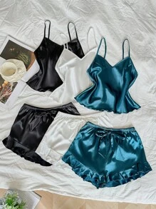 LuxeNights 3件套撞色荷叶边仿丝套装 - 彩色 - 查看 4