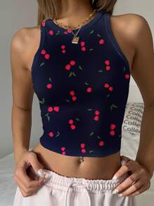 SHEIN EZwear Áo ba lỗ cổ tròn bó sát họa tiết quả anh đào tối giản giản dị dành cho nữ, phù hợp cho mùa hè - Nhiều màu - Xem 5