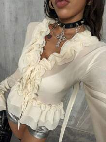 Coolane Women's Summer Date Night Concert Streetwear Textured Pleated Ruffle Blouses - Beige - View 1