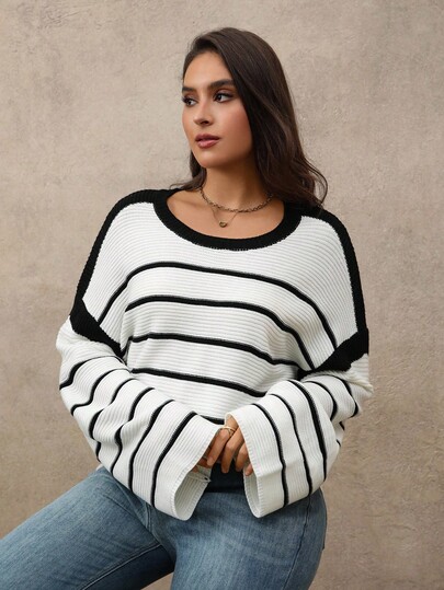 EMERY ROSE Plus Size Contrast Color Stripe Loose Batwing Sleeve Sweater Knit Pullover Fall Winter