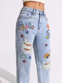 SHEIN Tall Jeans de tiro medio con pierna entallada, rasgados y con estampado de graffiti casual - Azul lavado medio - Ver 4