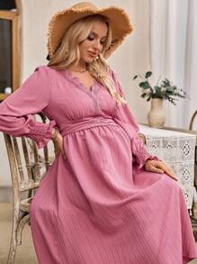 Maternity Elegant Solid Color Ruffle Sleeve Floral Trim Midi Dress - Dusty Pink - View 5