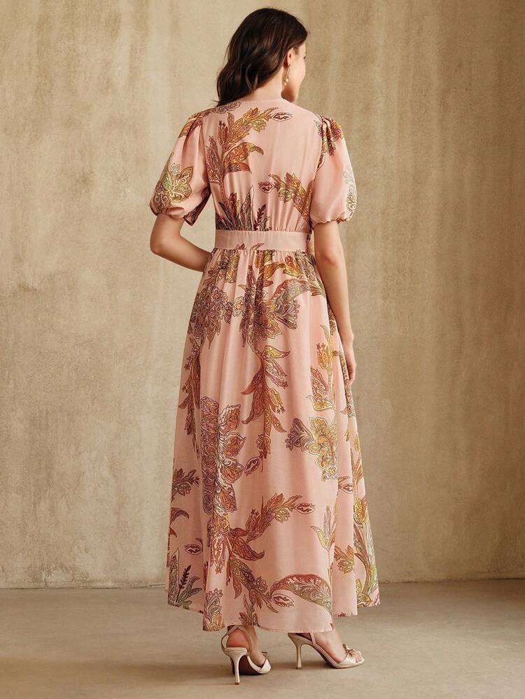 Vintage Vacation Style V-Neck Puff Sleeve Fitted Vacation Dress For Ladies
