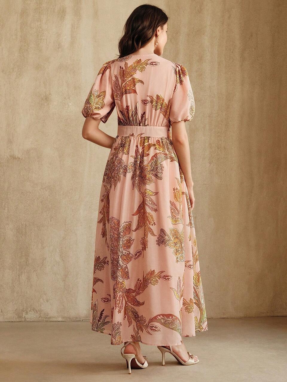 Vintage Vacation Style V-Neck Puff Sleeve Fitted Vacation Dress For Ladies