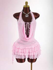 Amplova Sexy Plunging Neck Layered Women Mini Dress - Pink - View 6