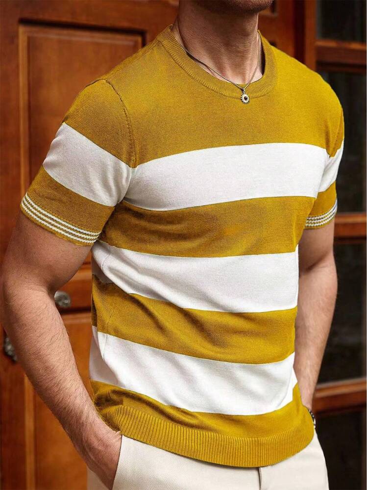 Manfinity Homme Men's Contrast Color Striped Short Sleeve Knit Top - Mustard Yellow - View 3