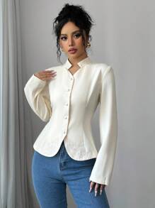 Selianne Women's French Elegant Long Sleeve Embroidered Stand Collar Button Decor Blouse, Spring/Autumn Women Shirt Fall Cloth For Women