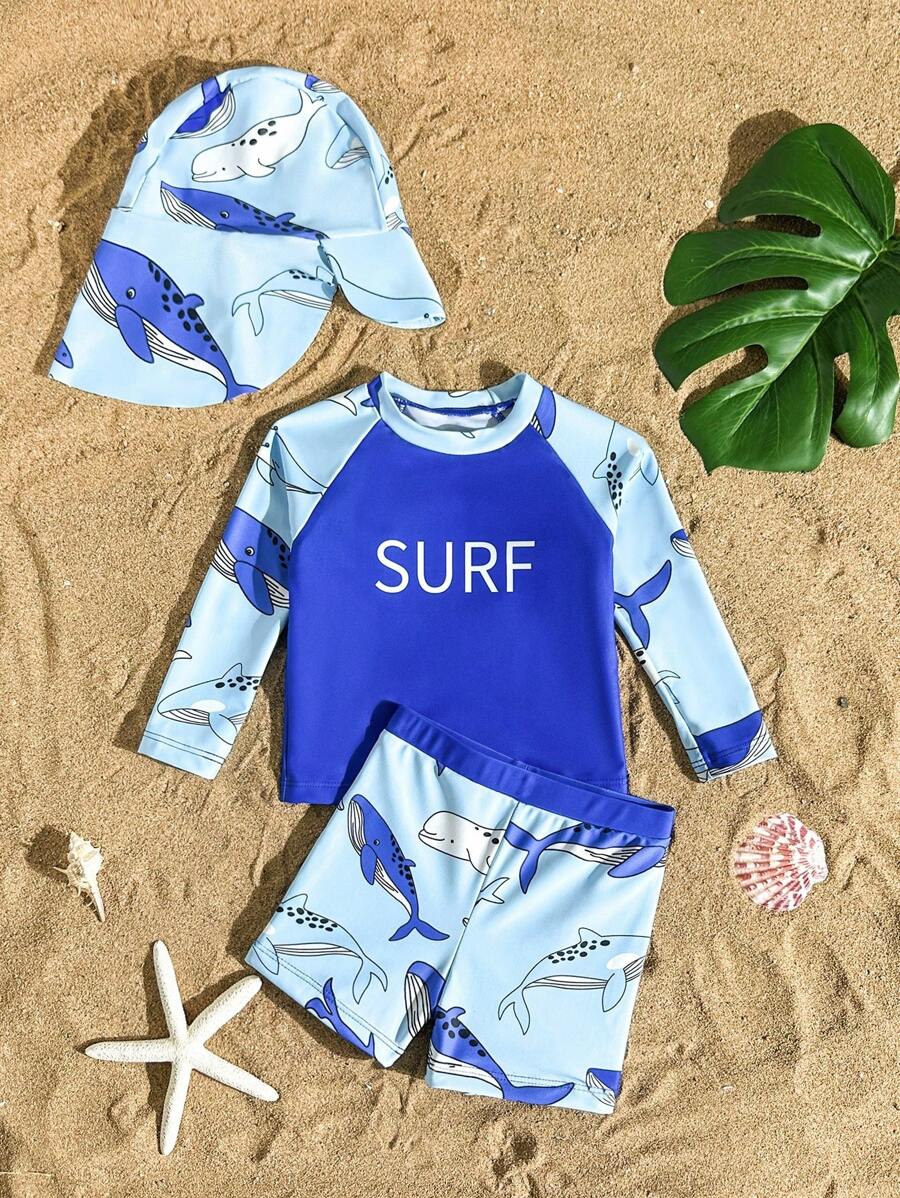新款时尚幼儿男童字母海豚图案前片拼接两件套泳衣套装