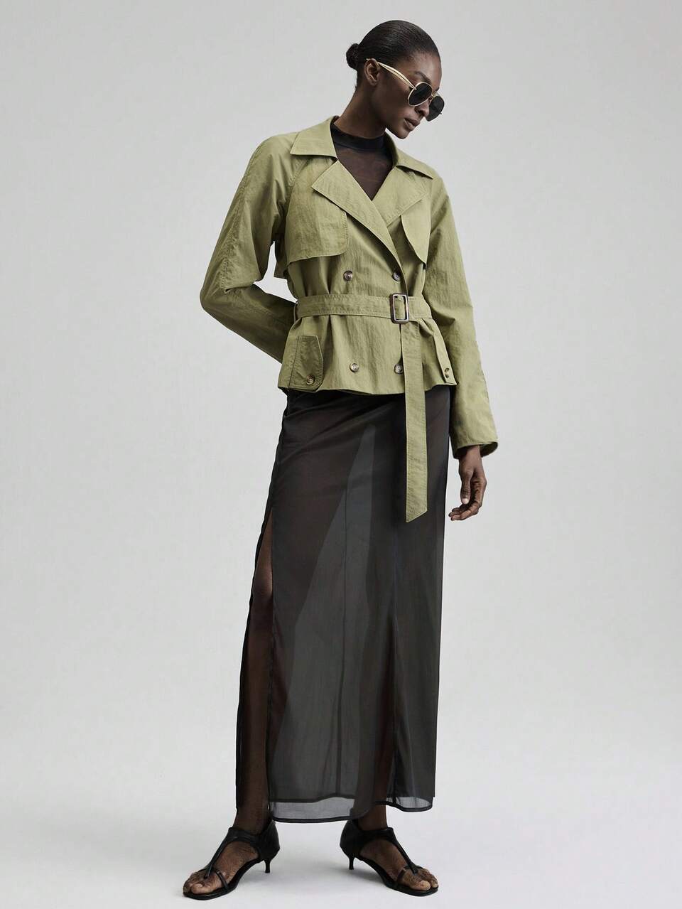 Women's Olive Green Belted Short Trench Coat,Classy Office Business Casual Apparel For Autumn Winter,Halloween Christmas Night Out Teacher's Apparel