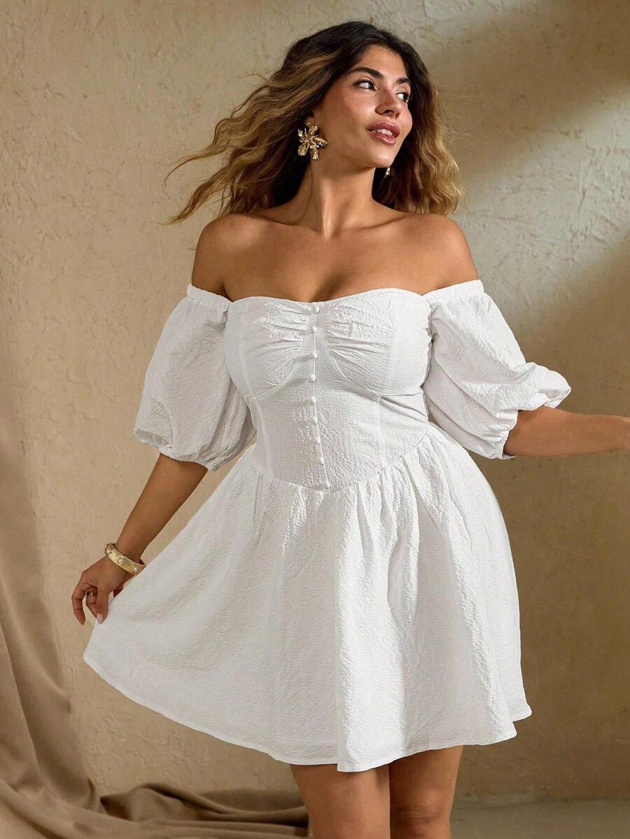 Roveilla 大码女式优雅纹理露肩泡泡袖迷你连衣裙