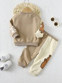 Cozy Pixies Bộ 2 áo nỉ phong cách hoạt hình thường ngày cho bé trai có họa tiết chữ và miếng vá màu tương phản, kết hợp với quần bo gấu màu tương phản, cạp chun, thu/đông - Nhiều màu - Xem 2