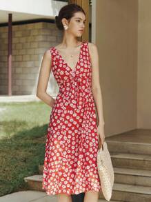 Zielony Women's Elegant Summer Vacation Mini Ditsy Floral V-Neck Dress