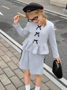 SHEIN Tween Girl Bow Decor Long Sleeve Ruffle Hem T-Shirt And Skirt Set - Grey - View 2